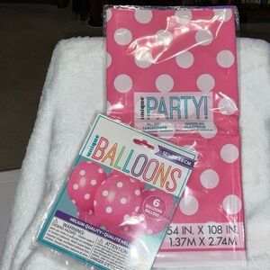 12" Latex Pink Polka Dot Balloons, 6 ct.& 1 Tablecover Plastic 54x108 New